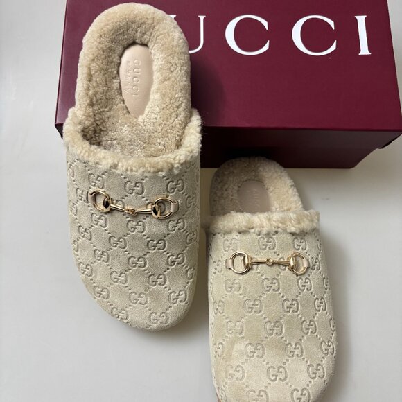 Horsebit Gucci GG Suede Shearling Mules - Picture 2 of 6